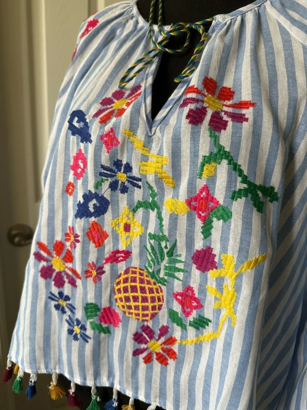 Zara‎ Blue White Striped Embroidered Tassel Peasant Blouse Size M
